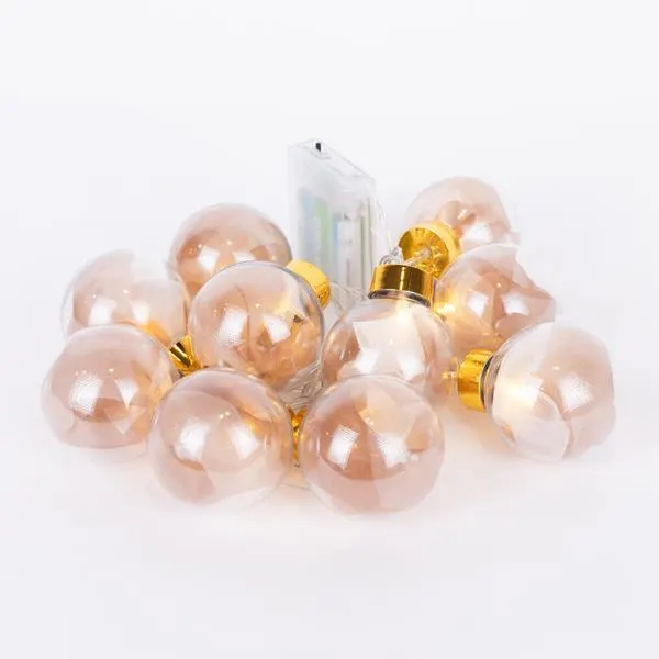 ΣΕΙΡΑ, 10 LED 5mm, ΔΙΑΚΟΣΜΗΤΙΚEΣ ΜΠΑΛΕΣ ΜΕ ΡΟΖ ΧΡΥΣΟ ΥΦΑΣΜΑ, ΜΠΑΤΑΡΙΑΣ 3ΧΑΑ, ΧΡΟΝΟΔΙΑΚΟΠΤΗ, ΘΕΡΜΟ ΛΕΥΚΟ LED ΑΝΑ 15cm, ΔΙΑΦΑΝΟ PVC ΚΑΛΩΔΙΟ, ΠΡΟΕΚΤΑΣΗ ΠΑΡΟΧΗΣ 30cm, IP20