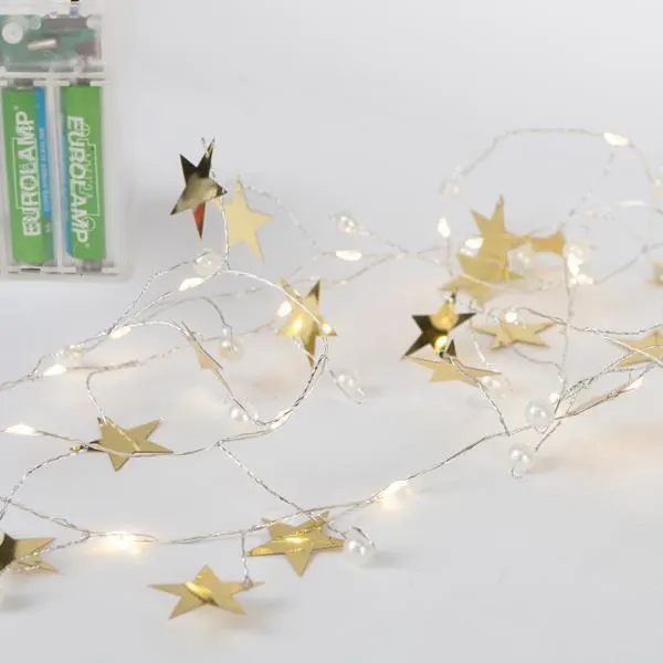 XMAS ΛΑΜΠΑΚΙ ΣΕΙΡΑ 20 MINI LED ΔΙΑΚΟΣΜΗΤΙΚΑ ΑΣΤΕΡΙΑ & ΠΕΡΛΕΣ ΜΠΑΤΑΡΙΑΣ 3ΑΑ ΜΕ ΧΡΟΝΟΔΙΑΚΟΠΤΗ ΑΣΗΜΙ ΧΑΛΚΙΝΟ ΚΑΛΩΔΙΟ ΘΕΡΜΟ ΛΕΥΚΟ LED ΑΝΑ 7.5cm ΠΑΡΟΧΗ 30cm IP20