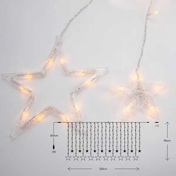 XMAS ΛΑΜΠΑΚΙ ΚΟΥΡΤΙΝΑ 138 LED 5mm ΜΕ ΑΣΤΕΡΙΑ 31V ΜΕΤΑΣΧΗΜΑΤΙΣΤΗ 4 ΕΠΕΚΤΑΣΕΙΣ ΕΩΣ 3 ΣΕΤ ΔΙΑΦΑΝΟ PVC ΚΑΛΩΔΙΟ ΘΕΡΜΟ ΛΕΥΚΟ LED (H110 x W220cm 12 ΣΕΙΡΕΣ) ΠΑΡΟΧΗ 3m IP44
