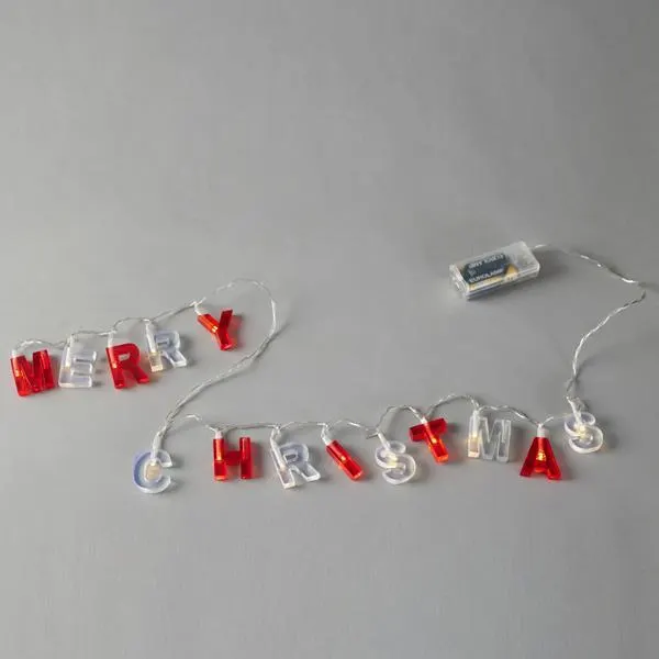 ΣΕΙΡΑ, 14 LED 5mm, 'MERRY CHRISTMAS' ΜΕ ΚΟΚΚΙΝΑ & ΑΣΠΡΑ ΓΡΑΜΜΑΤΑ, ΜΠΑΤΑΡΙΑΣ 2xAA, TIMER,  ΔΙΑΦΑΝΟ PVC ΚΑΛΩΔΙΟ, ΘΕΡΜΟ ΛΕΥΚΟ LED ΑΝΑ 8cm, ΠΡΟΕΚΤΑΣΗ ΠΑΡΟΧΗΣ 30cm, IP20