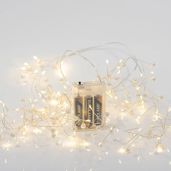 XMAS ΛΑΜΠΑΚΙ CLUSTER 2m 120 MINI LED ΠΕΡΛΕΣ ΜΠΑΤΑΡΙΑΣ 3AA ΑΣΗΜΙ ΧΑΛΚΙΝΟ ΚΑΛΩΔΙΟ ΘΕΡΜΟ ΛΕΥΚΟ LED ΠΑΡΟΧΗ 50cm IP20