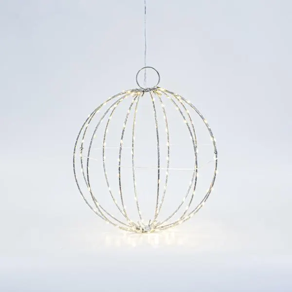 XMAS ΦΩΤΙΖΟΜΕΝΗ ΑΣΗΜΙ ΜΕΤΑΛΛΙΚΗ ΜΠΑΛΑ 30cm 144 MINI LED 4.5V ΜΕΤΑΣΧΗΜΑΤΙΣΤΗ ΣΤΑΘΕΡΟ ΑΣΗΜΙ ΧΑΛΚΙΝΟ ΚΑΛΩΔΙΟ ΘΕΡΜΟ ΛΕΥΚΟ ΠΑΡΟΧΗ 3m IP44