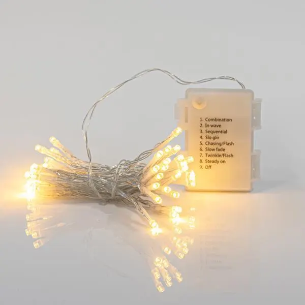 XMAS ΛΑΜΠΑΚΙ ΣΕΙΡΑ 96 LED 3mm ΜΠΑΤΑΡΙΑΣ 3AA ΜΕ 8 ΠΡΟΓΡΑΜΜΑΤΑ ΜΝΗΜΗ & ΧΡΟΝΟΔΙΑΚΟΠΤΗ ΔΙΑΦΑΝΟ PVC ΚΑΛΩΔΙΟ ΘΕΡΜΟ ΛΕΥΚΟ LED ΑΝΑ 10cm ΠΑΡΟΧΗ 30cm IP44 DISPLAY BOX 16τμχ